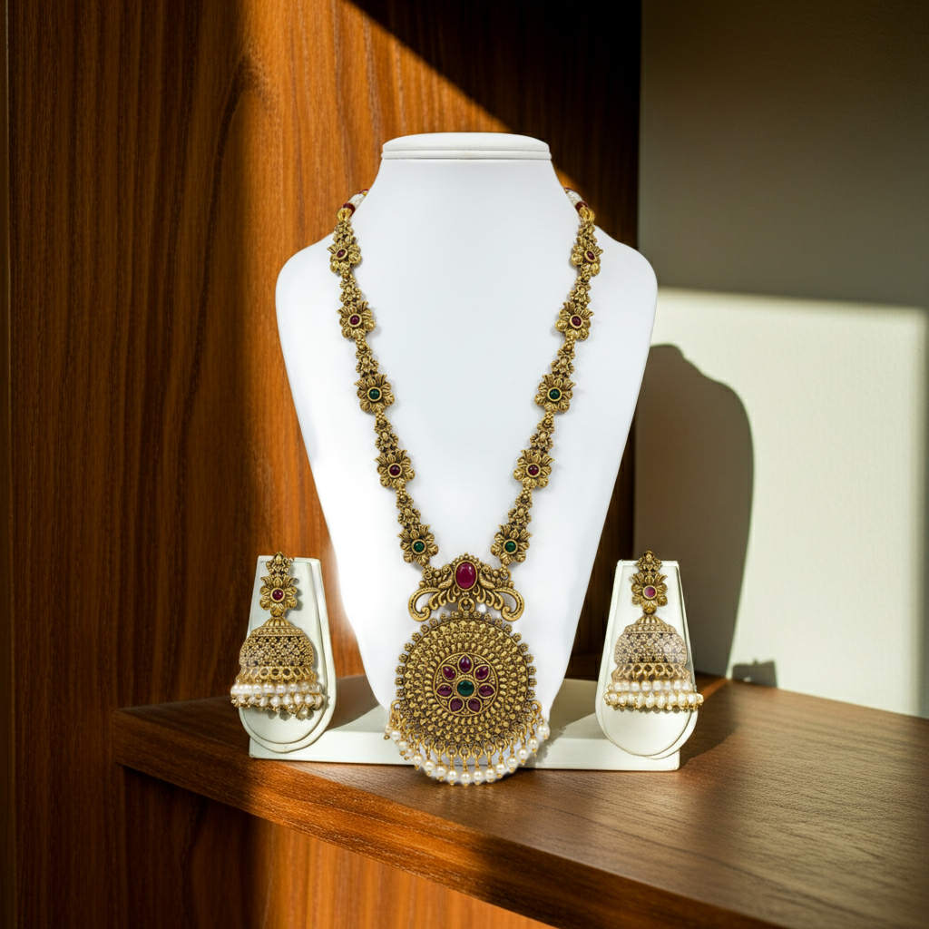 Antique Gold Floral Long Necklace Set – Ruby, Emerald & Pearl Drops