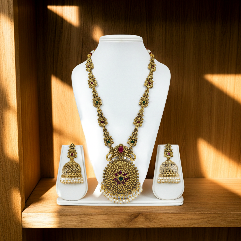 Antique Gold Floral Long Necklace Set – Ruby, Emerald & Pearl Drops