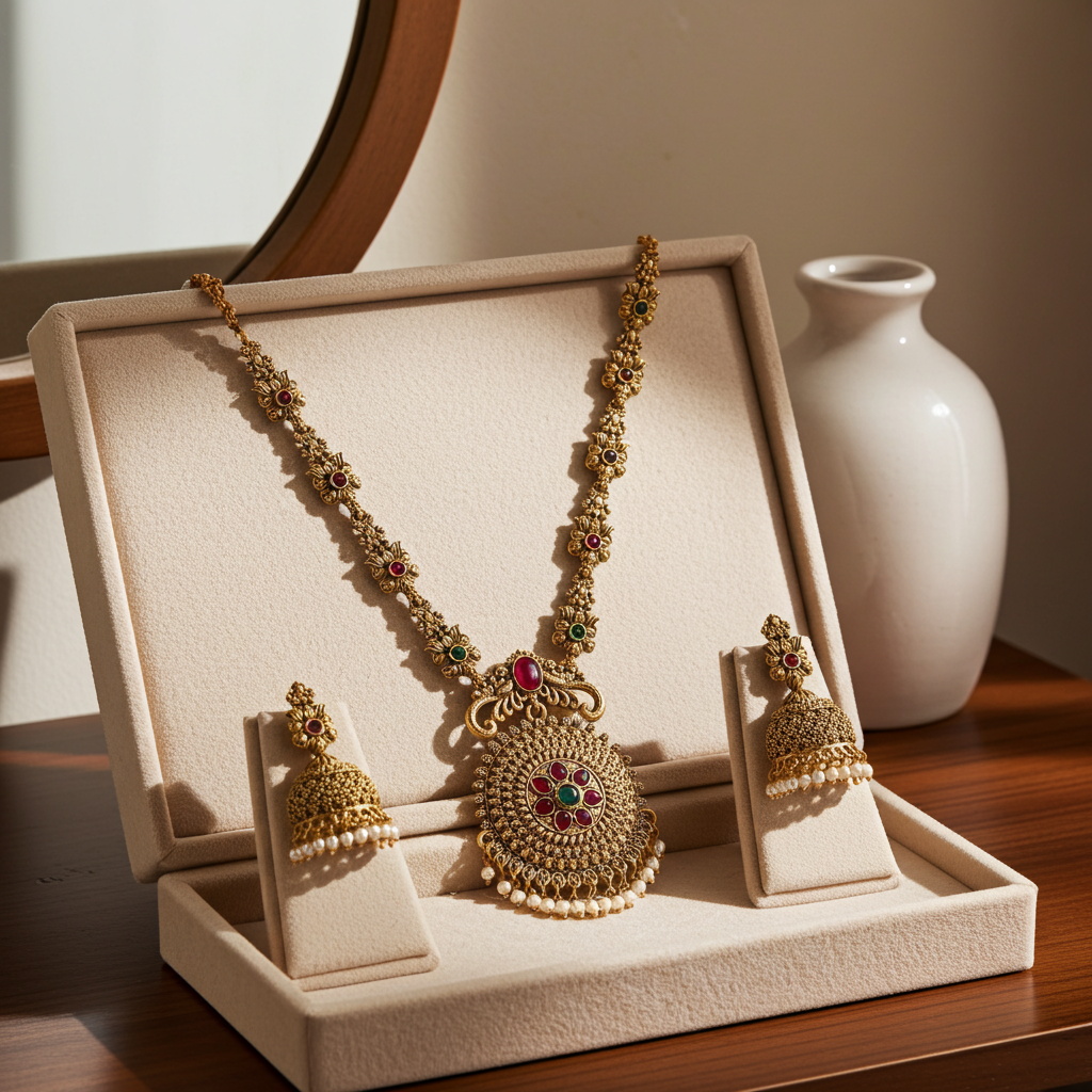 Antique Gold Floral Long Necklace Set – Ruby, Emerald & Pearl Drops