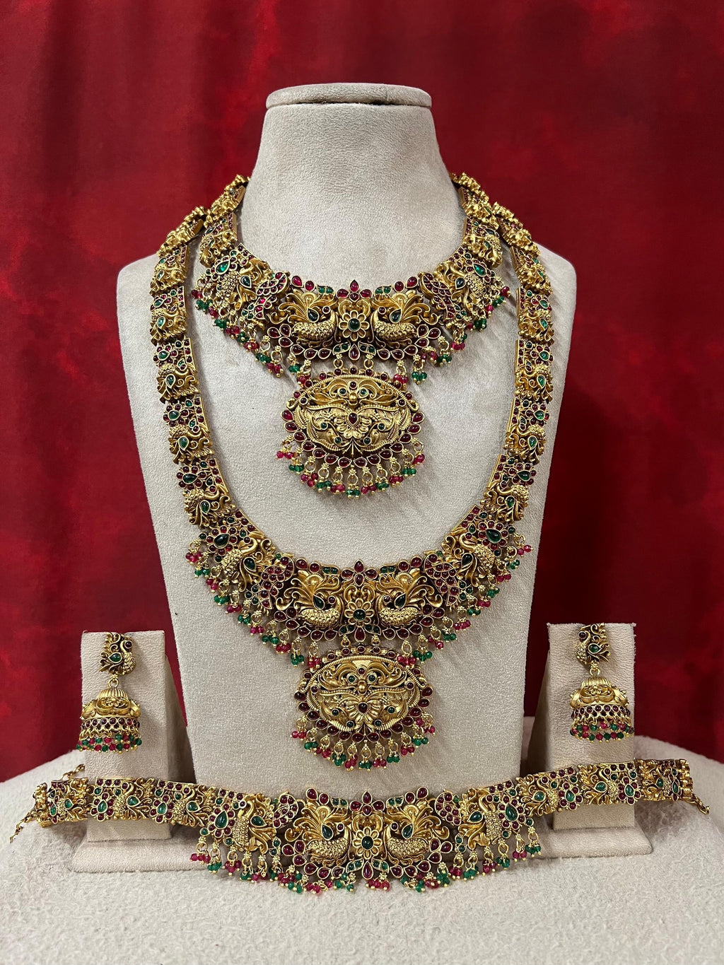Royal Peacock Bridal Jewelry Set – Antique Gold with Ruby & Emerald Stones