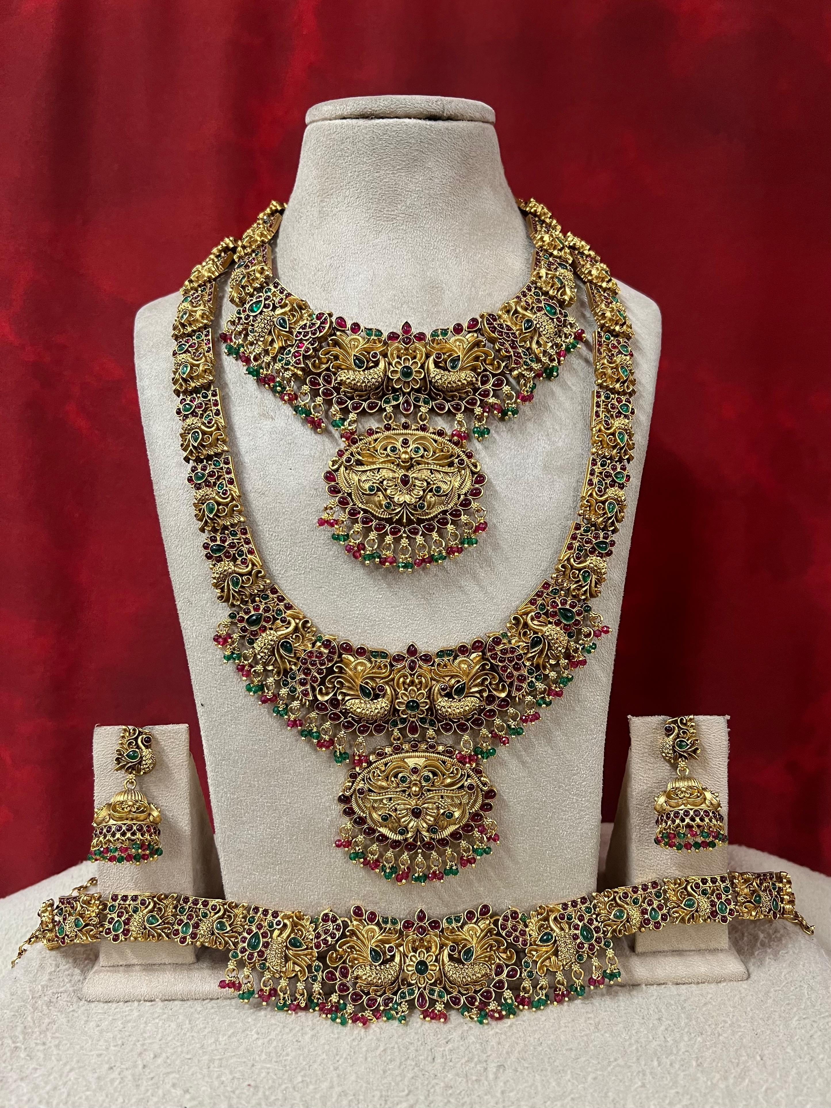 Royal Peacock Bridal Jewelry Set – Antique Gold with Ruby & Emerald Stones