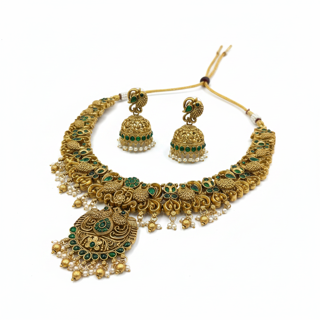Antique Gold Peacock Necklace Set with Jhumka Earrings in Emerald Green – Artificial Bridal Jewellery