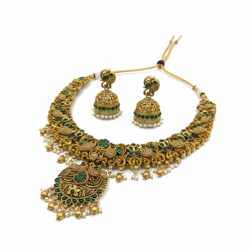 Antique Gold Peacock Necklace Set with Jhumka Earrings in Emerald Green – Artificial Bridal Jewellery